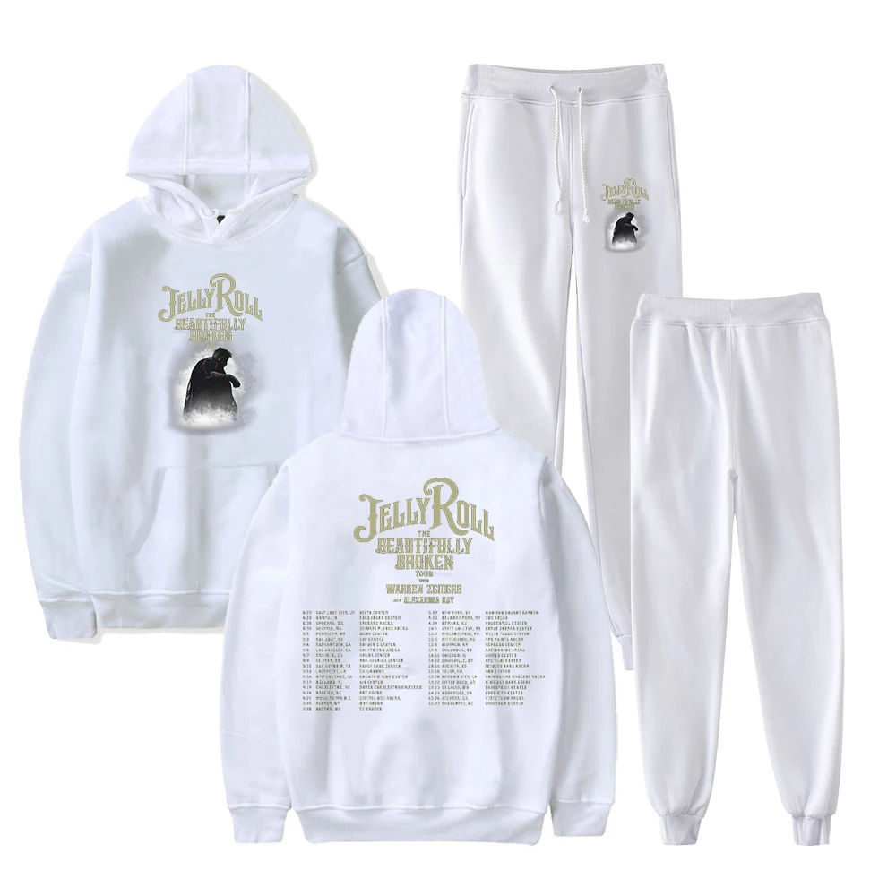 Jelly Roll Merch 2024 The Beautifully Broken Tour Hoodie Jogger Pants Two Piece Set Sweatshirts+Sweatpants Women Men's Set