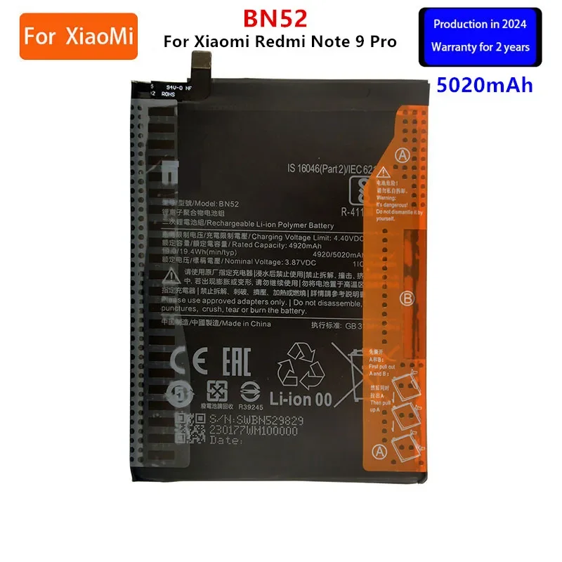 

2024 years Brand New BN52 5020mAh Battery For Xiaomi Redmi Note 9 Pro Phone Replacement Batteries