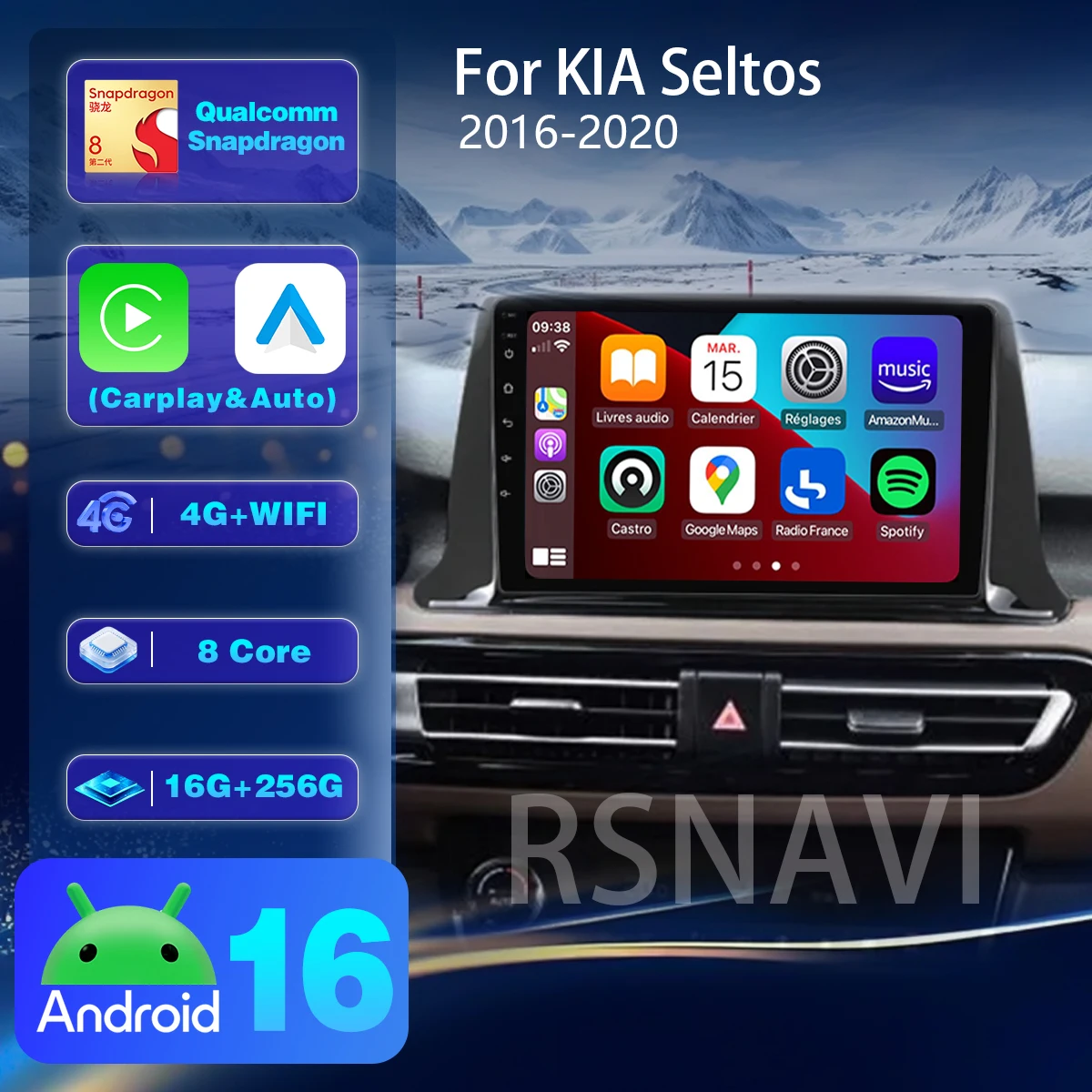 Android 16 For KIA Seltos 2016-2020 Carplay Auto Car Radio Player Plug and Play GPS Multimedia Stereo BT Snapdragon DVD GPS