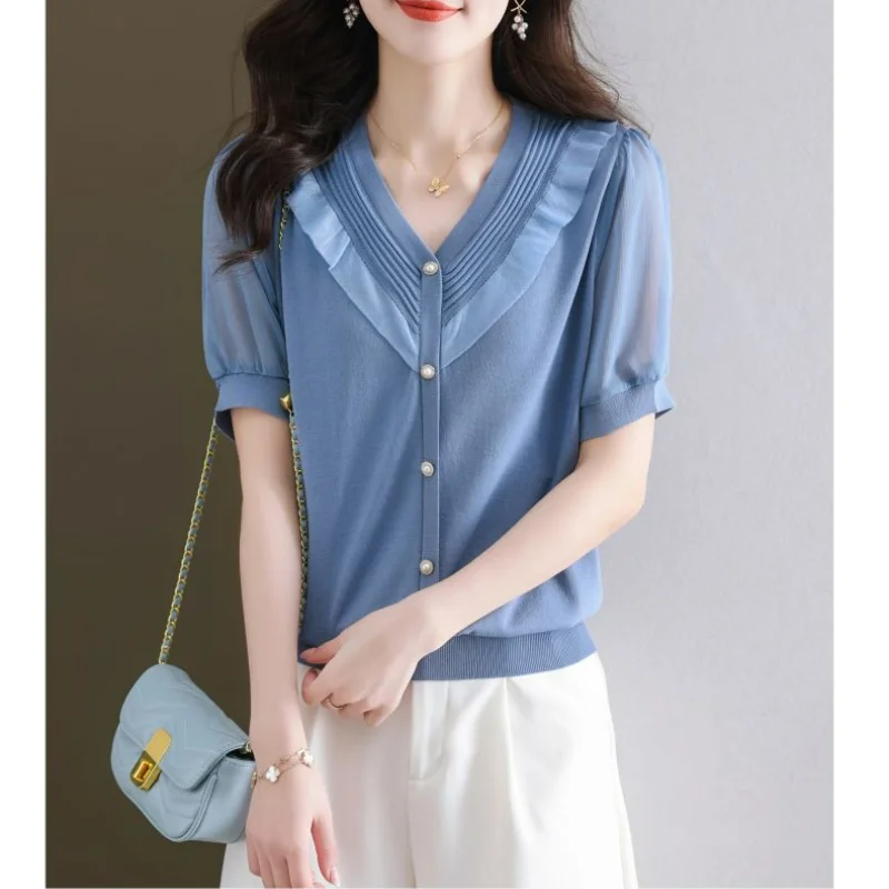 Fashion Ice Silk Short Sleeved T-shirt Women Summer Auricularia Auricula V-Neck Button Loose Age Reducing Korean Yarn Sleeve Top