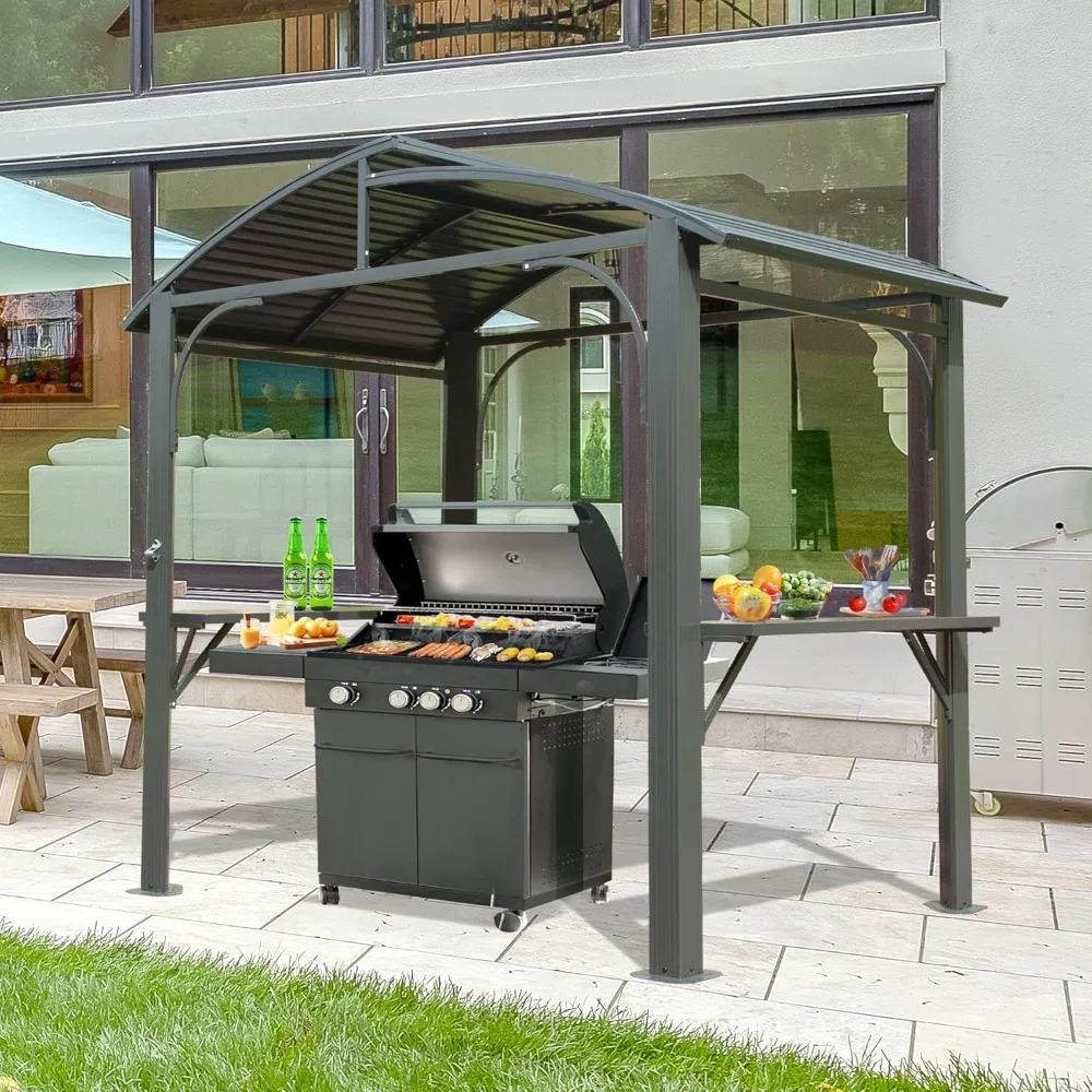 Hardtop Grill Gazebo 8x5FT, Outdoor BBQ Gazebo with Galvanized Steel Double Roof, Permanent Sun Shade Grill Canopy Shelter