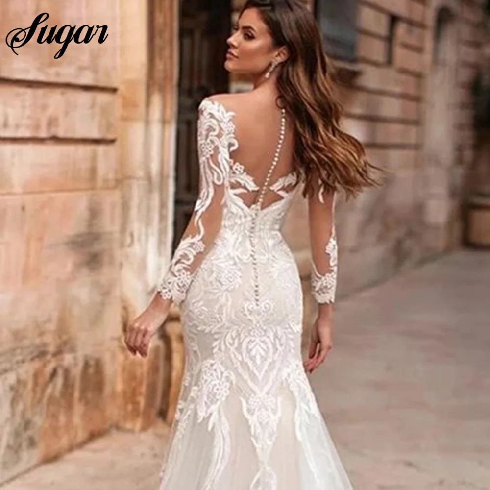 Abito da sposa a sirena con scollo a v 2023 Appliques in pizzo a maniche lunghe abito da sposa Backless Court Train Illusion Vestidos De Noiva