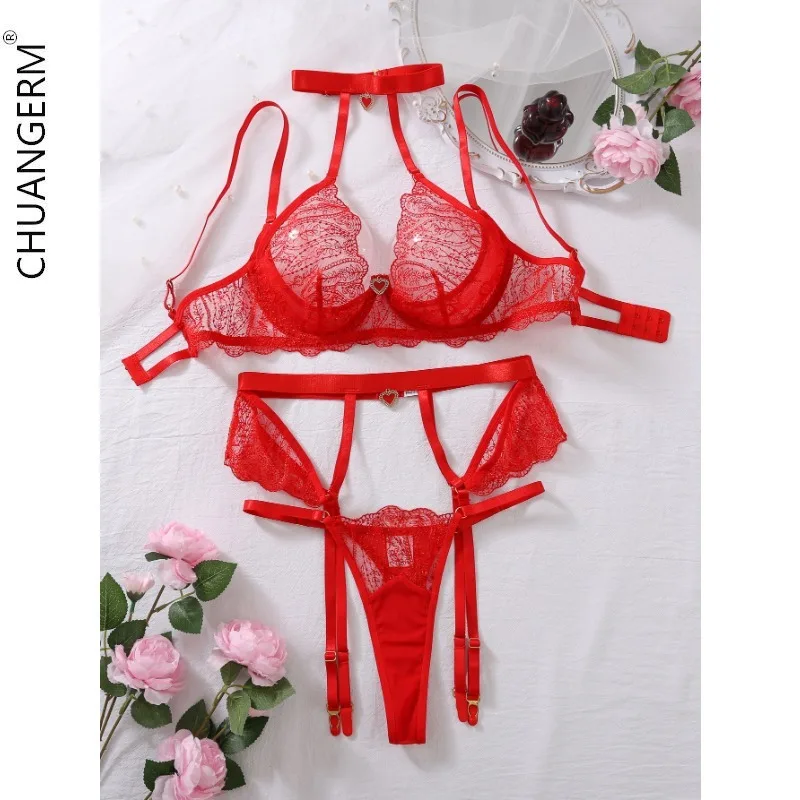 

CHUANGERM,Fashion Bra Sleepwear Love Pendant Female Underwear See-through Embroidery Women's Panties Sexy Lingerie Bras