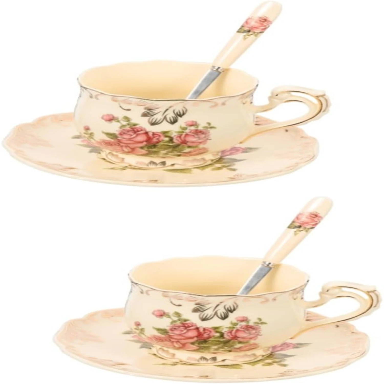 

Elegant, luxurious, and exquisite hand-painted 2-piece porcelain tea and coffee cup set - Delicate floral ceramic tea cup and sa