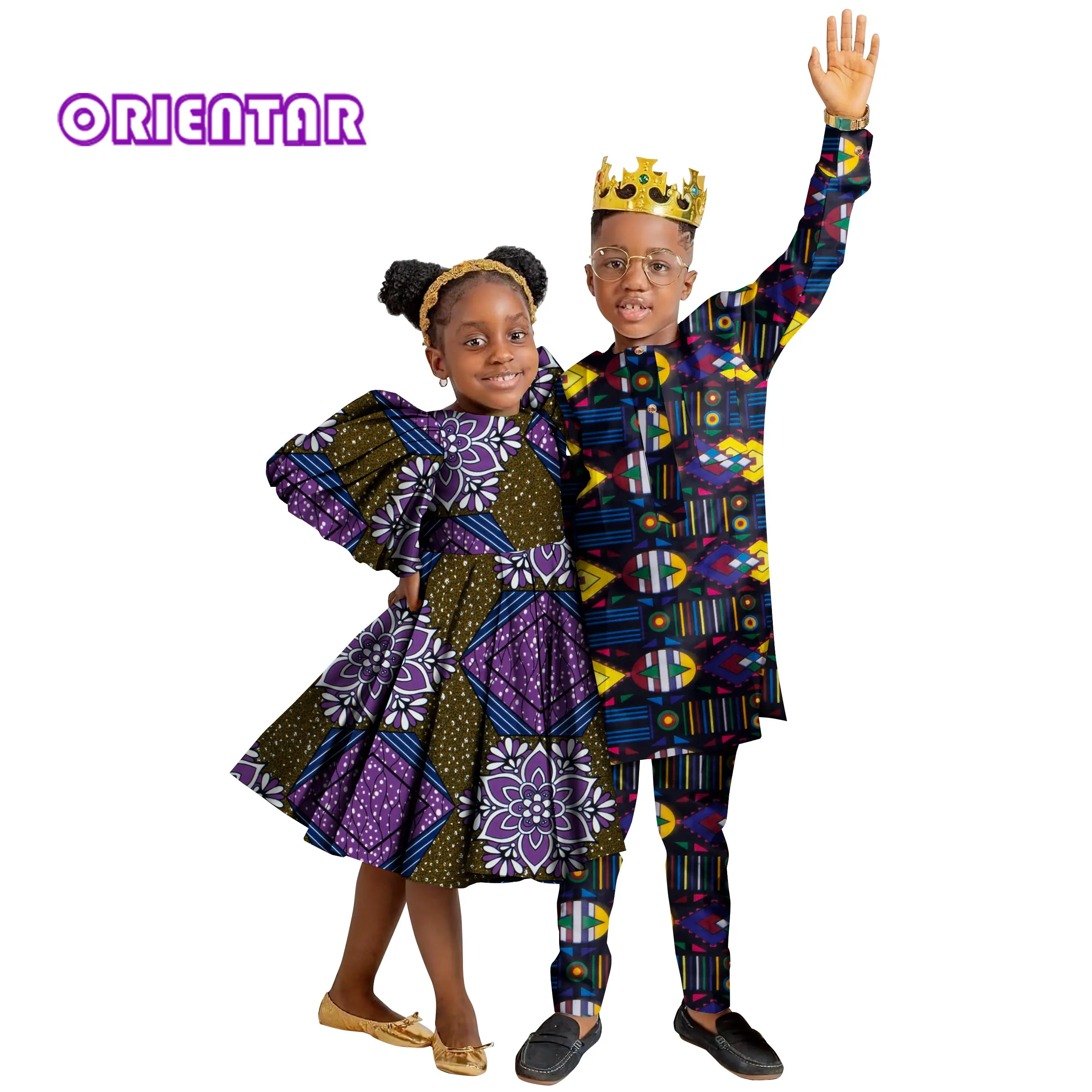 

African Family Matching Outfits for Kids Sister Brother Girls Dress and Boys Pants Set Children Ankara Print Clothing WYQ920