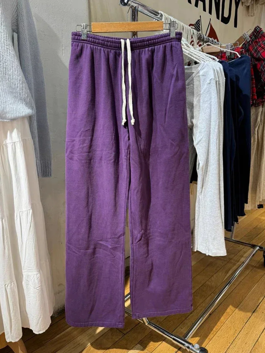 New Purple Drawstring Straight Sweatpants Women Autumn Sport Loose Long Pant Y2k  Trousers Casual High Waist CottonStreetwear