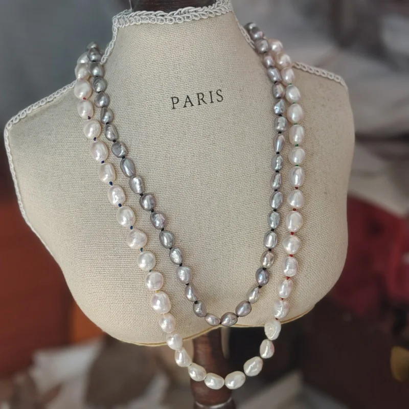 Classic Gray Natural Strong Light Effect Baroque Pearl Necklace Clavicle Chain Sweater Chain