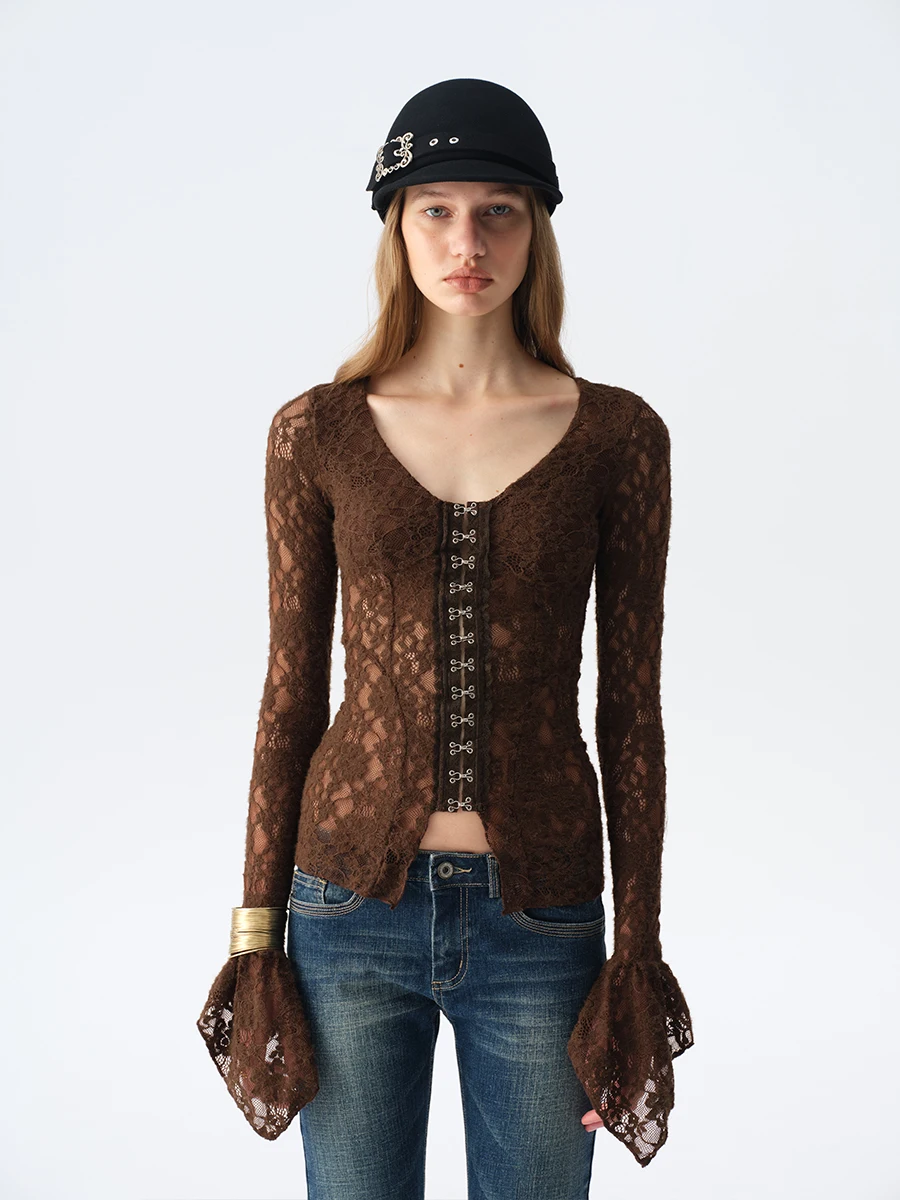

Deep Brown Lace Button up Cardigan Bell Sve T-irt Women's Slim Fit Vintage Sle ort Length V-Ne Long Sve Top