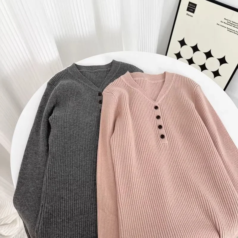 American V-neck Bottoming Sweater for Women Autumn Winter New German Velvet Inner with Solid Color Long-sleeved Top