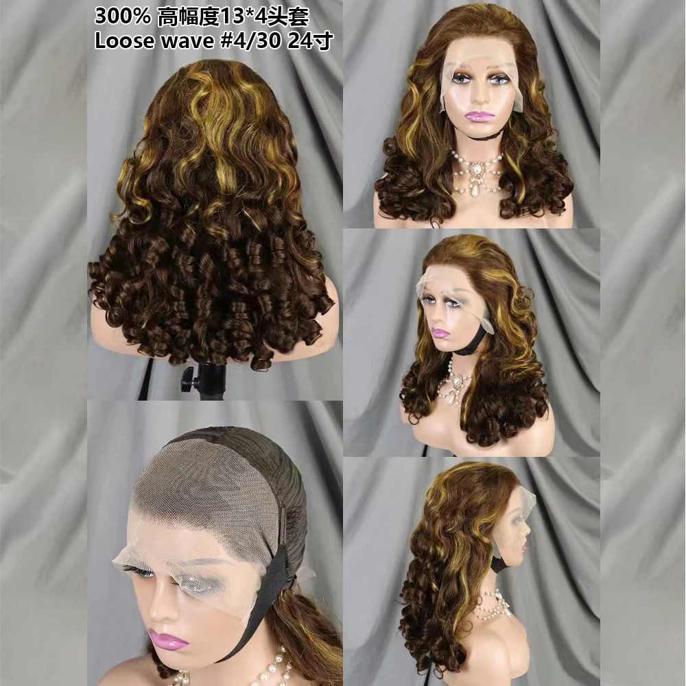 Wig rambut manusia keriting memantul coklat coklat 13x4 Wig keriting renda Frontal transparan Wig gelombang longgar ketebalan 300% rambut Remy untuk wanita