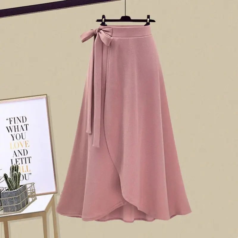 

2024 Spring New Sweet Temperament Solid Color High Waist Women's Bow Elastic Waist Fashion Loose Irregular Ruffles Midi Skirts