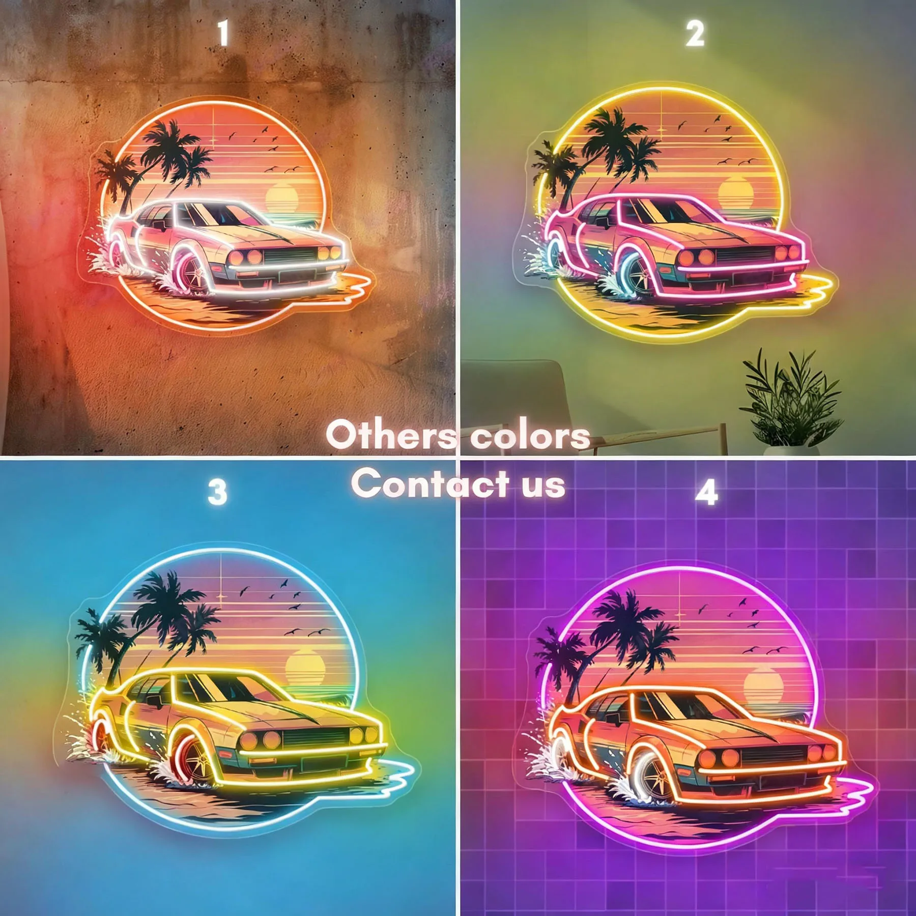 Retro Car Neon Sign With Palm Sunset Wall Art,Car Neon Sign,Sunset Neon Wall,Car Lover Gift,Home Decors,Business Neon Sign