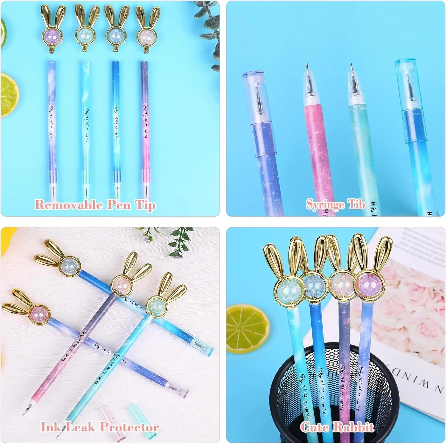 Stylos gel avec tête de lapin, fournitures d'écriture, papeterie scolaire et de bureau, vente en gros, 24 pièces