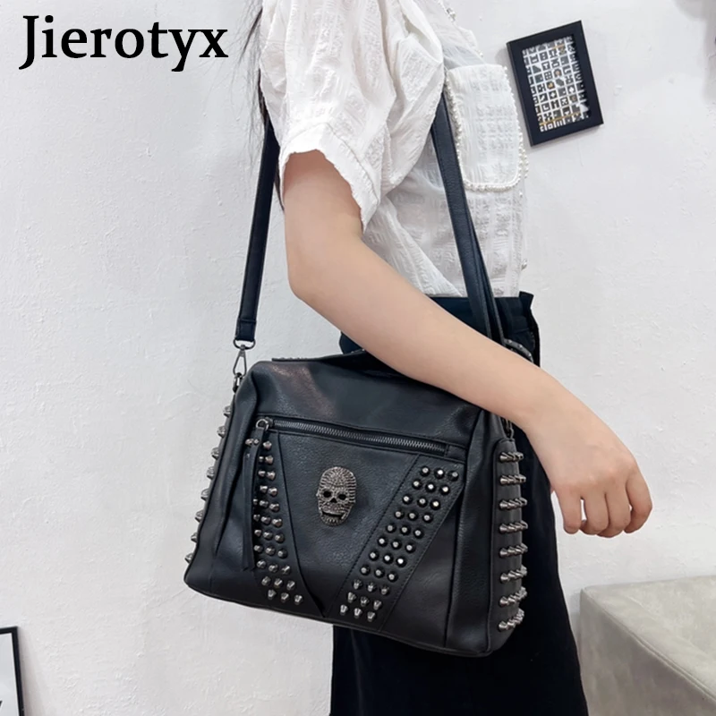 JIEROTYX Black Skull Handbag Tote Bags for Women Gothic Rivet Large Capacity Crossbody Purse Soft Leather Travel Shopping