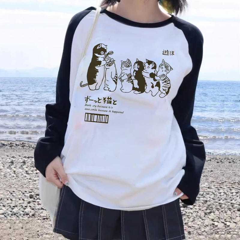 Cute Cat Shirt Women Funny Cartoon T Shirt Y2k 90s Harajuku Graphic Ulzzang T-shirt Long Sleeve Tshirt Aesthetic Top Tee Female