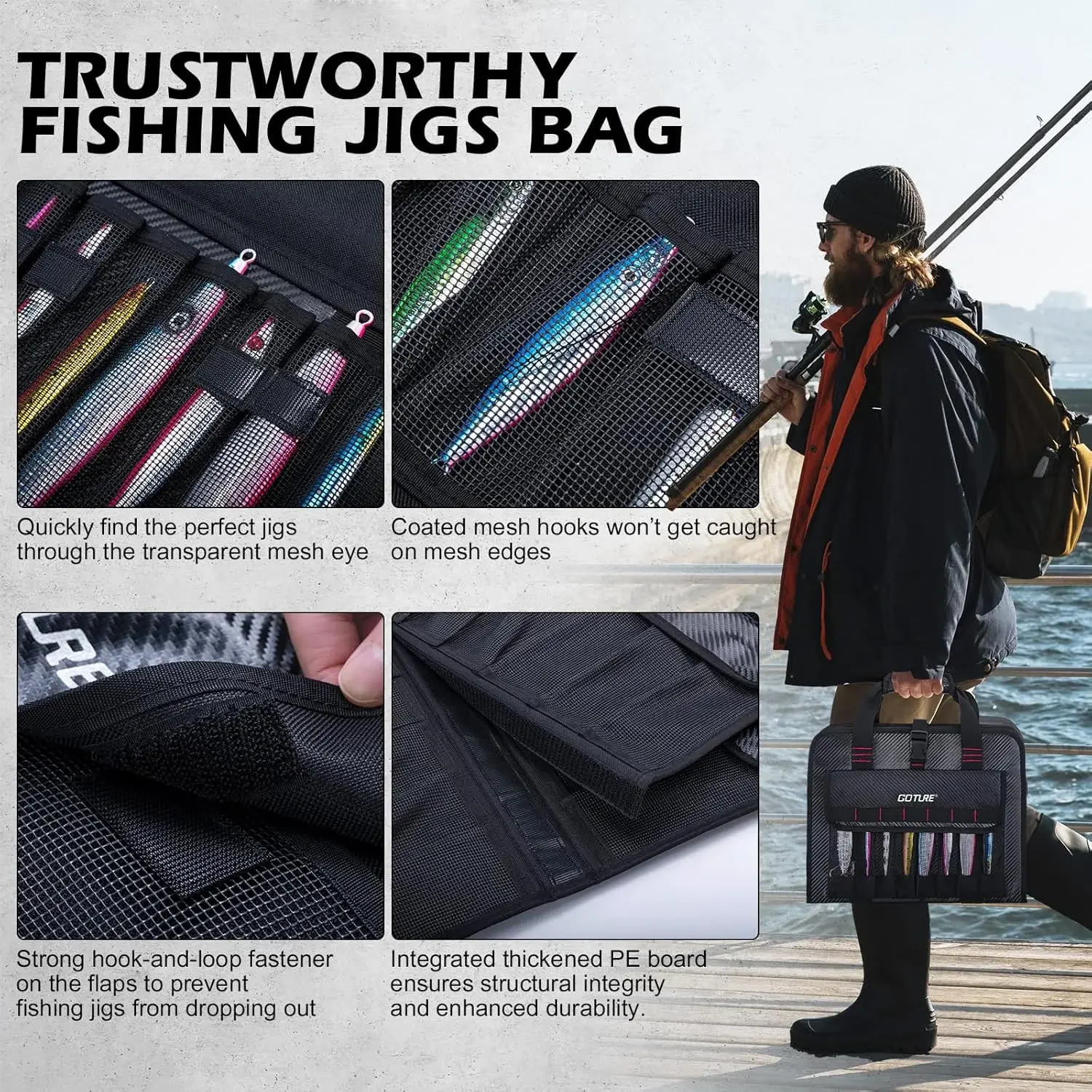 Goture Metal Jig Bag Portable Water-Resistant 600D PU Protective Fishinig Lure Bag with 34 Mesh Pockets Saltwater Freshwater - view 3
