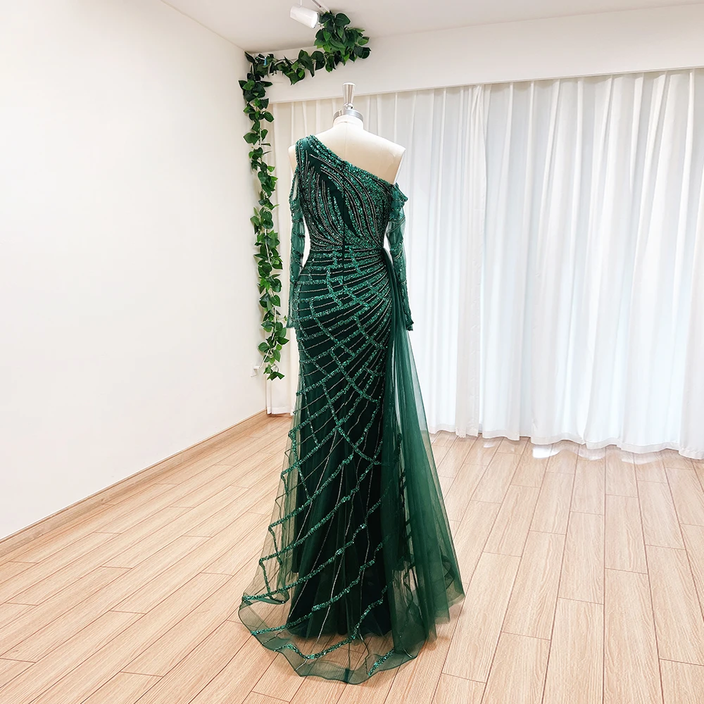 Elegant Emerald Green One Shoulder Mermaid Evening Dress with Overskirt 2023 Luxury Dubai ArabicLong Sleeves Wedding Party Gown