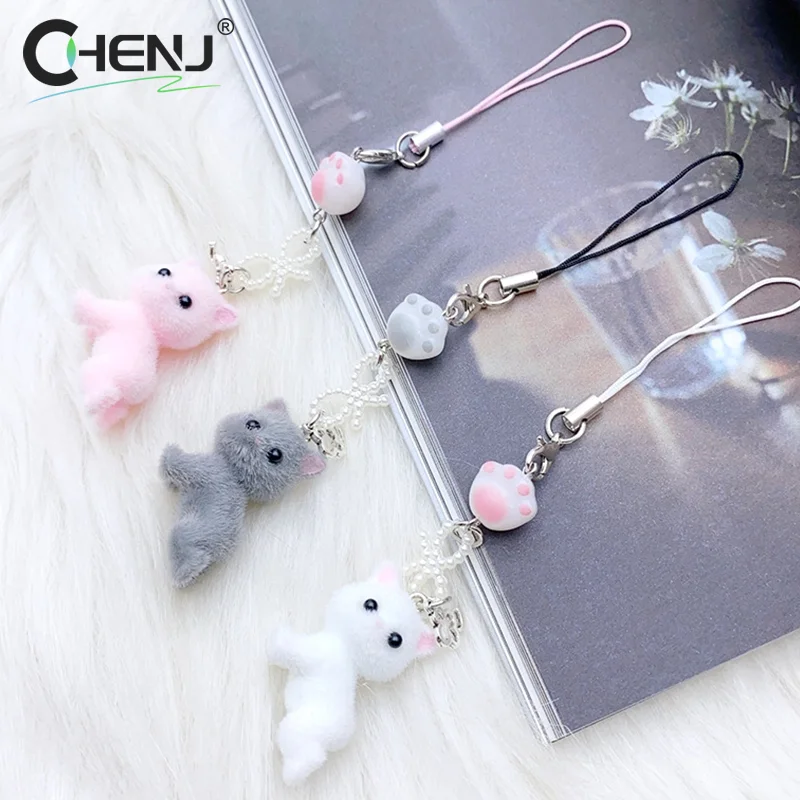 Y2K Cartoon Flocking Cat Mobile Phone Lanyard Cute Cat Phone Chain Keychain Pendant Cell Phone Strap Earphone Camera Chain