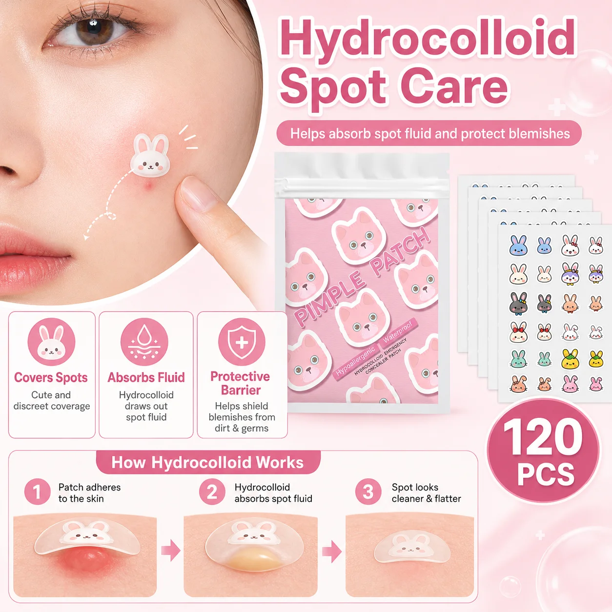120pcs Cartoon acne patch, cute cat-shaped facial concealer acne patch, safe, non-toxic, gentle and non-irritating, suitable for