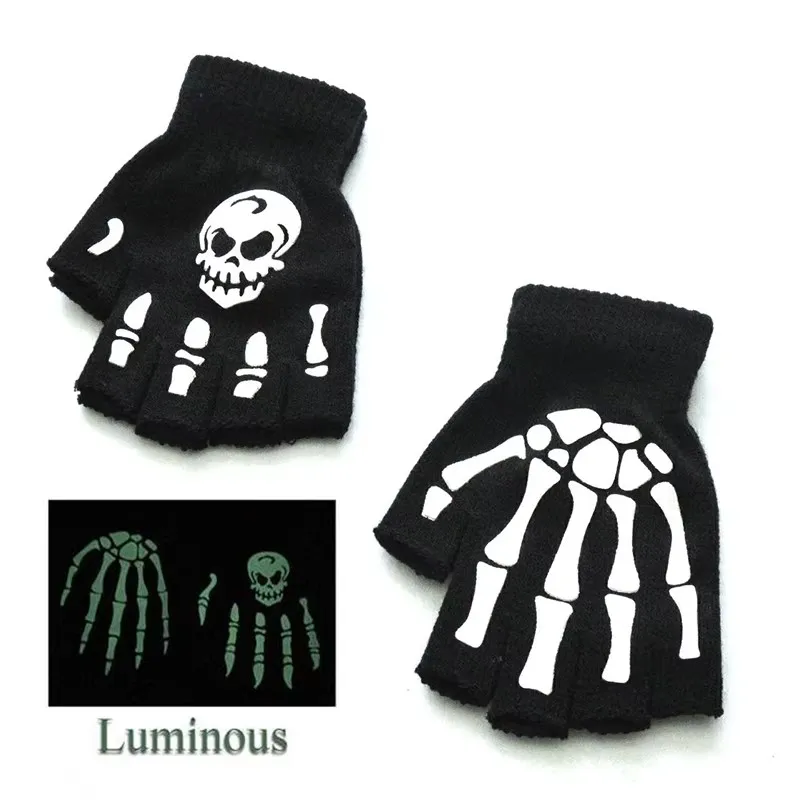 1-4pairs Unisex Halloween Skull Gloves Punk Luminous Glow In The Dark Skeleton Half Finger Glove Non-Slip Wrist Stretch Mittens