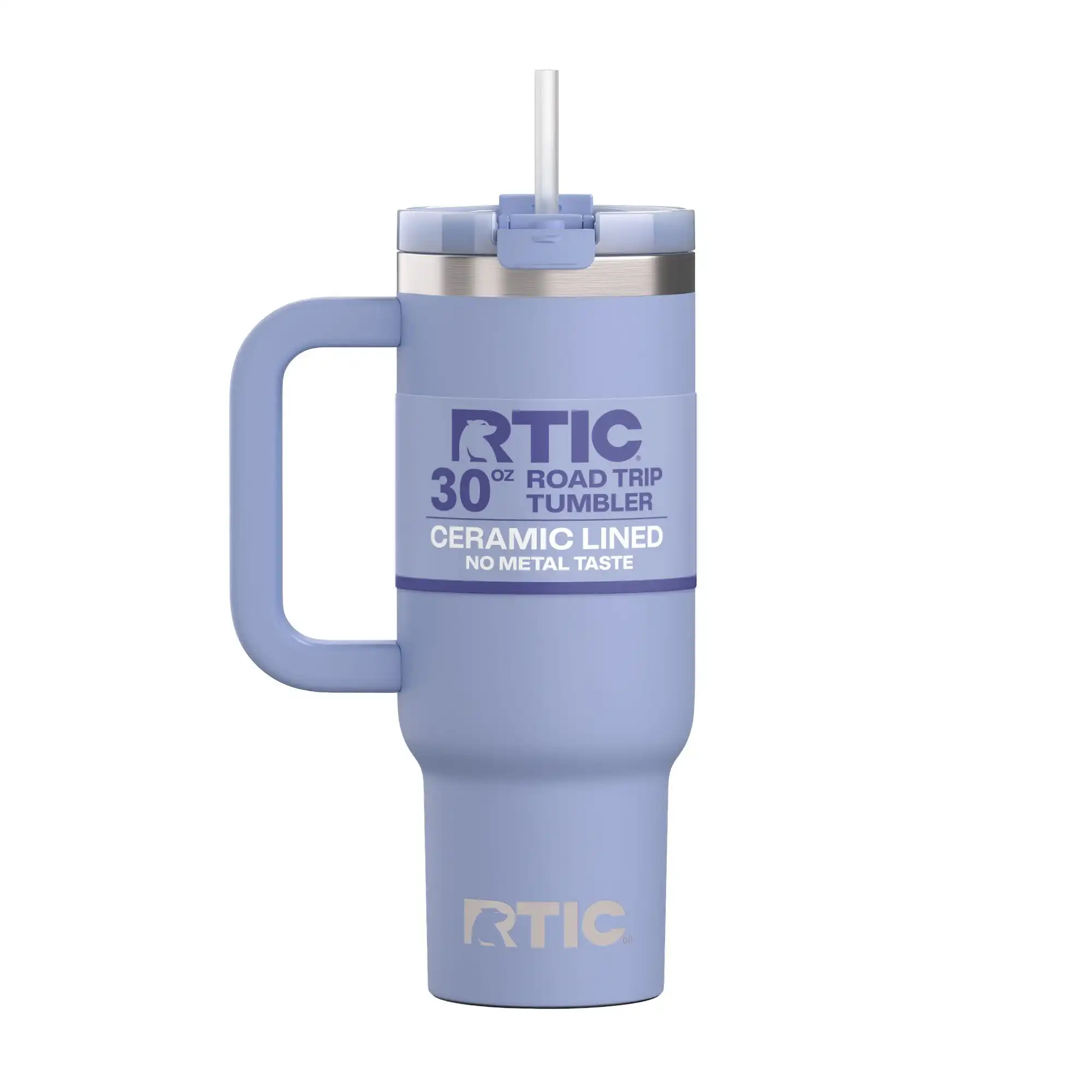 

30 oz ceramic-lined tumbler for road trips featuring handle and leak-resistant straw lid in periwinkle