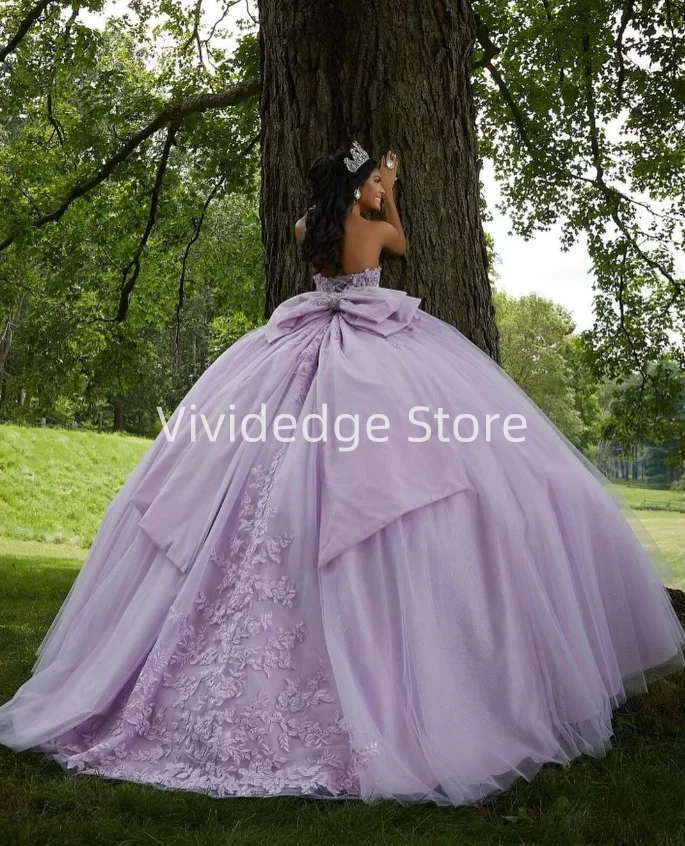 Vestido elegante princesa Quinceanera, Apliques florais com arcos, vestido roxo lilás para o baile, sem alças, cordões, 15 anos ocasião formal