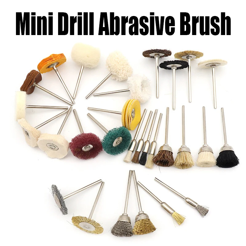 3PCS Mini Drill Abrasive Brush 3.0mm Shank Polishing Brush Bowl Brush T-Brush Buffing Wheel Grinding Head Rotary Cleaning Tool