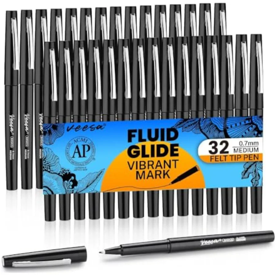 

Ручки с фетровым наконечником, средняя точка, 0,7 мм, 32 упаковки, черные маркеры с фетровым наконечником для письма, планировщика, раскраски заметок, школьные принадлежности для