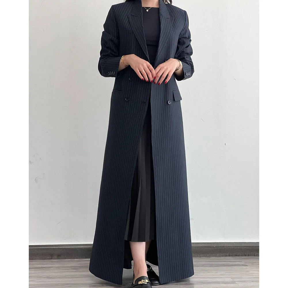 Blazer long à fines rayures à double boutonnage pour femmes, olympiques 1 pièce, veste formelle, dame de bureau, chic, soigneux, or, fête, tenues de luxe