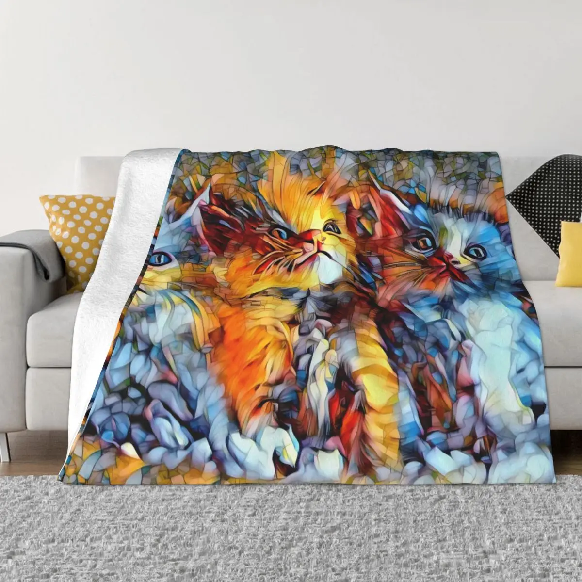 

Animal Arts Blanket Flannel Decoration Cats Colorful Abstract Art Portable Home Bedspread