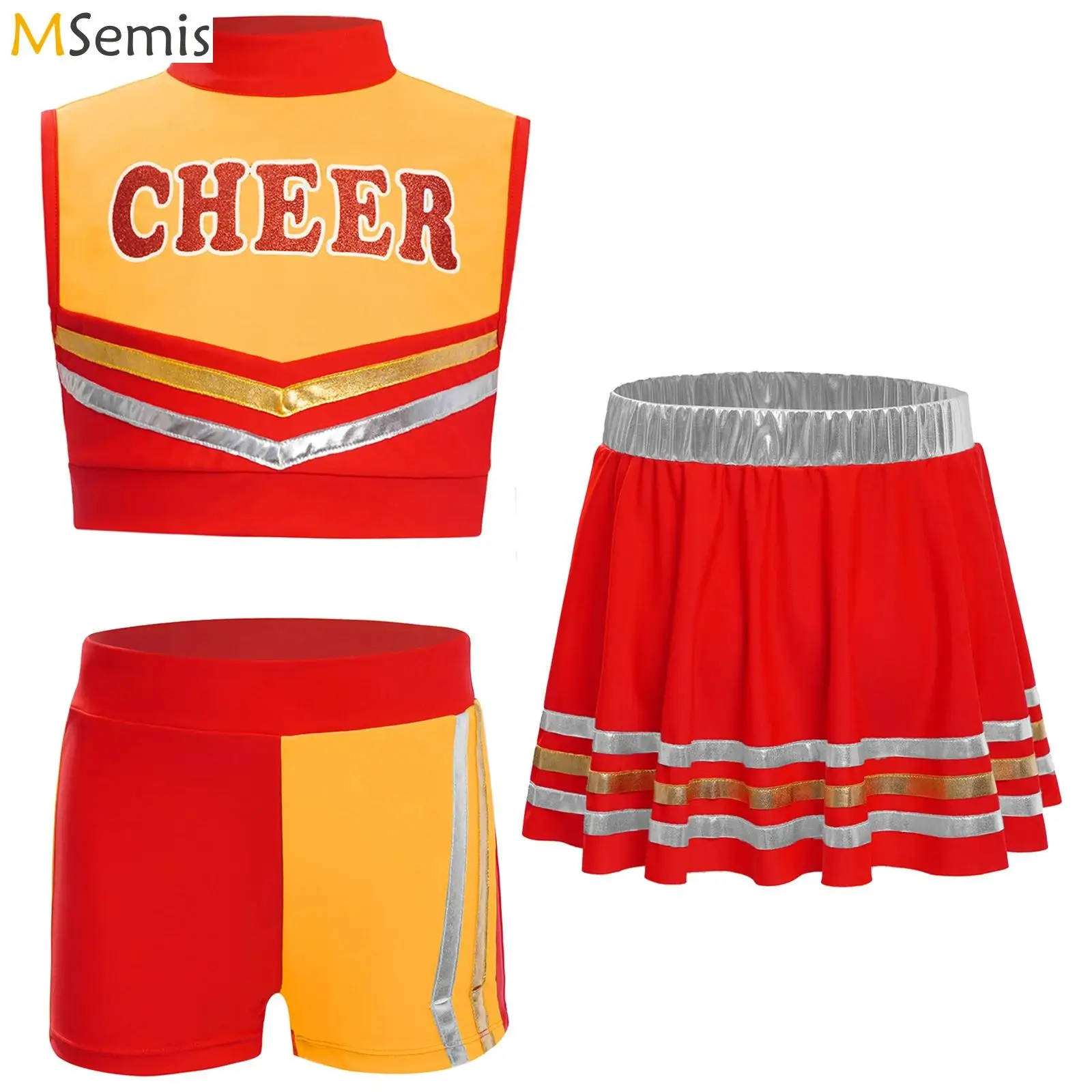 

Kids Girls Cheerleader Cheerleading Dance Performance Costume Letters Printed Crop Top with Metallic Striped Skirt And Shorts
