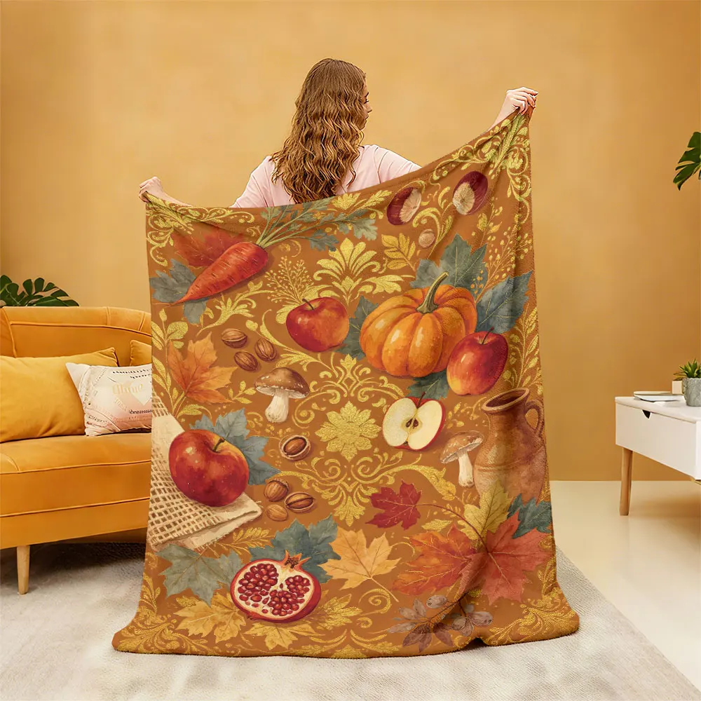 Vintage Autumn Fruit Vegetable Nut Print Flannel Blanket Multi Sizes Portable Sofa Throw Soft Nap Blanket For Office Break D