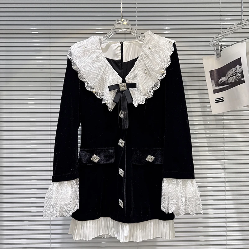 

Однобортное бархатное платье во французском стиле с бантом и стразами, женское зимнее платье 2025, новая кружевная юбка