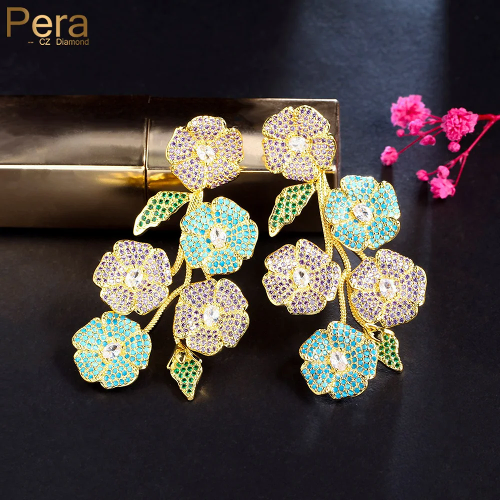 

Pera Stylish Flower Leaf Design Purple Blue CZ Long Wedding Drop Earrings for Women pendientes 2023 boucle oreille femme E959