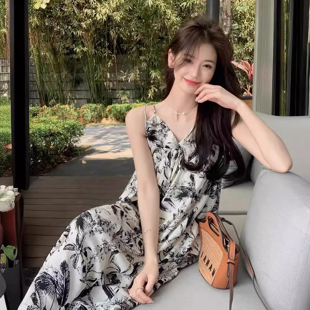 2025 ศิลปะหมึกดอกไม้ Sundress ภาษาฝรั่งเศสคําได้อย่างง่ายดาย Maxi Beach Dress ผู้หญิง Linen Blend Gallery รีสอร์ทสายรัดปรับ