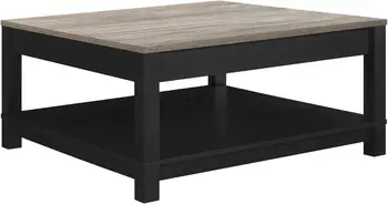 Image Home Carver Coffee Table with Open Storage, Matte Black Paint and Distressed Wood Grain Accents