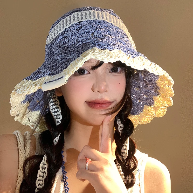 

Ins Fashionable Contrasting Color Lace Strap Hollow Bucket Hats Women Summer Travel Sunscreen Versatile Fresh Big Brim Straw Cap