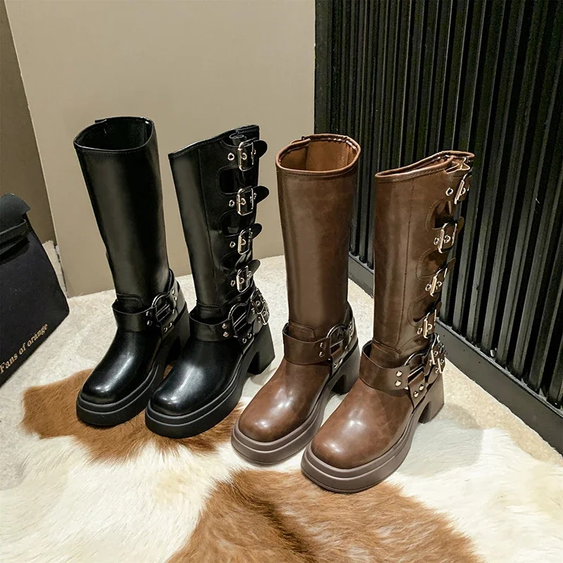 Chelsea Scarpe da donna Tacchi alti Stivali lunghi Piattaforma 2024 Stivali occidentali di nuova moda Inverno PU Pelle Party Casual Femme Botas