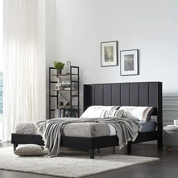 Queen Bed Frame With Vertical Channel Button Tufted Headboard And Wood Slats, Upholstered Platform Bed For Bedroom Guest Room,