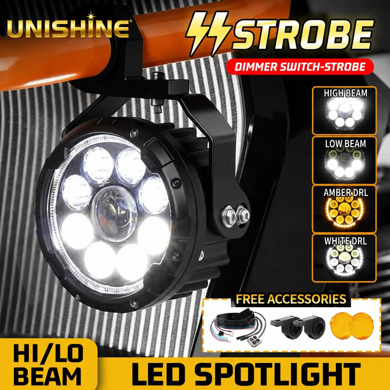UNISHINE 4,5-Zoll-LED-Arbeitsscheinwerfer Motorrad-Fahrlicht Weiß-Amber DRL Kostenloser Dimmer-Schalter Halterungen für Motorrad-Offroad-Einsatz 12V 24V