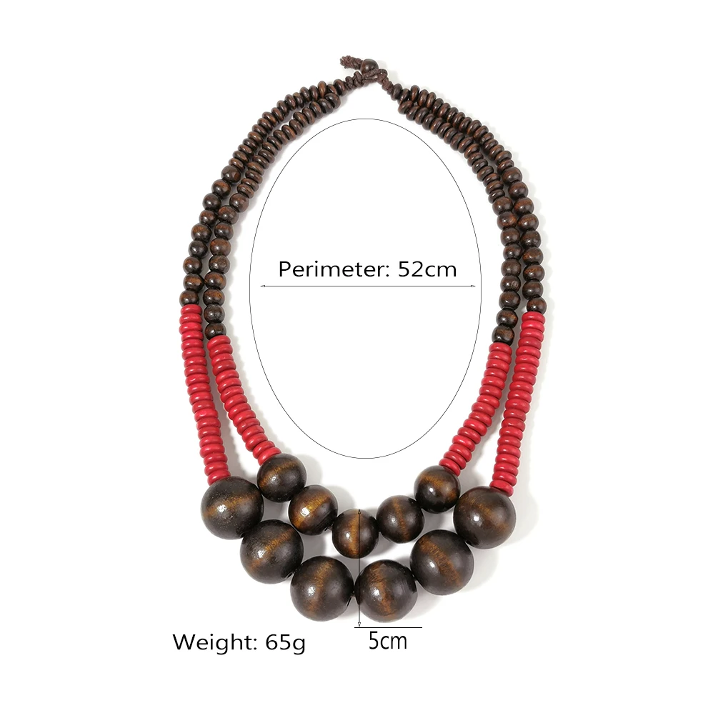 Bohemian Two-Layer Beaded Necklaces Brown mix Red Big Wood Beads Collar Choker Necklace For Women New Statement Jewelry UKEN