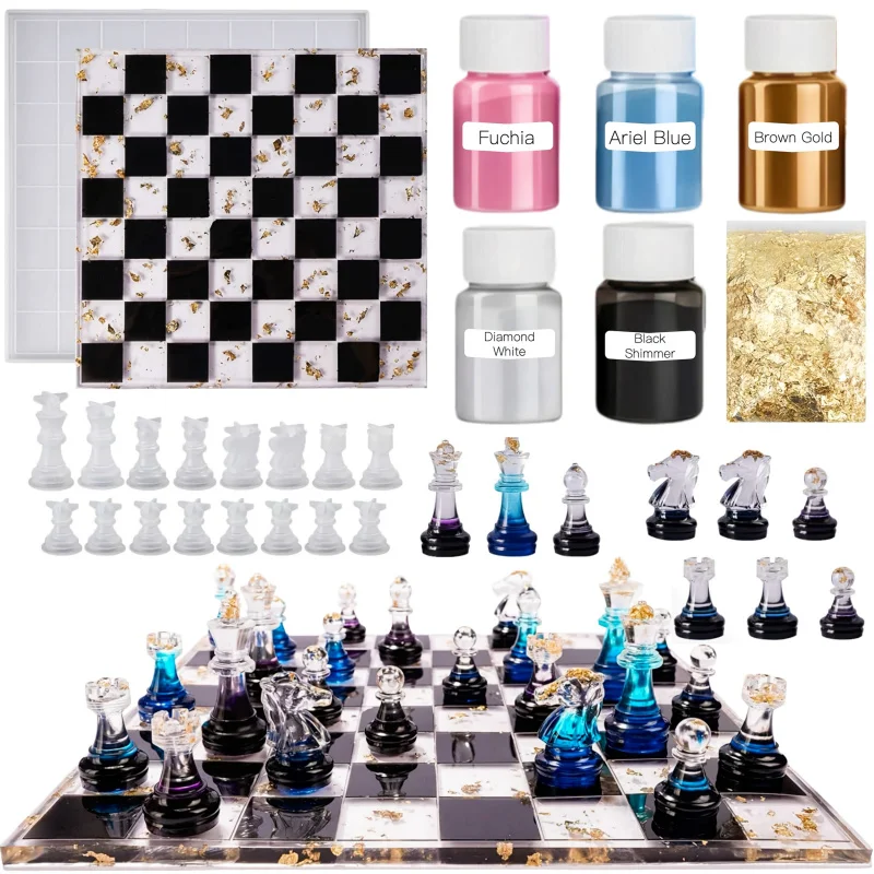 23 pièces d'échecs internationales (moule en silicone pour échecs + 5 pigments colorés + remplissage en feuille d'or) - Kit d'outils DIY pour la fabrication de plateaux de jeu, contient