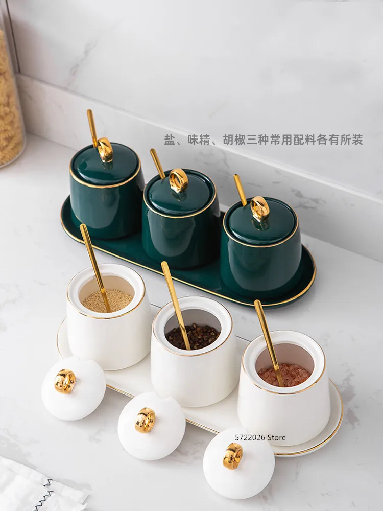 Kitchen Seasoning Tool Sugar Bowl Creative Dark Green Ceramic Seasoning Jar Set Household Lidded Salt Shaker Seasoning Box