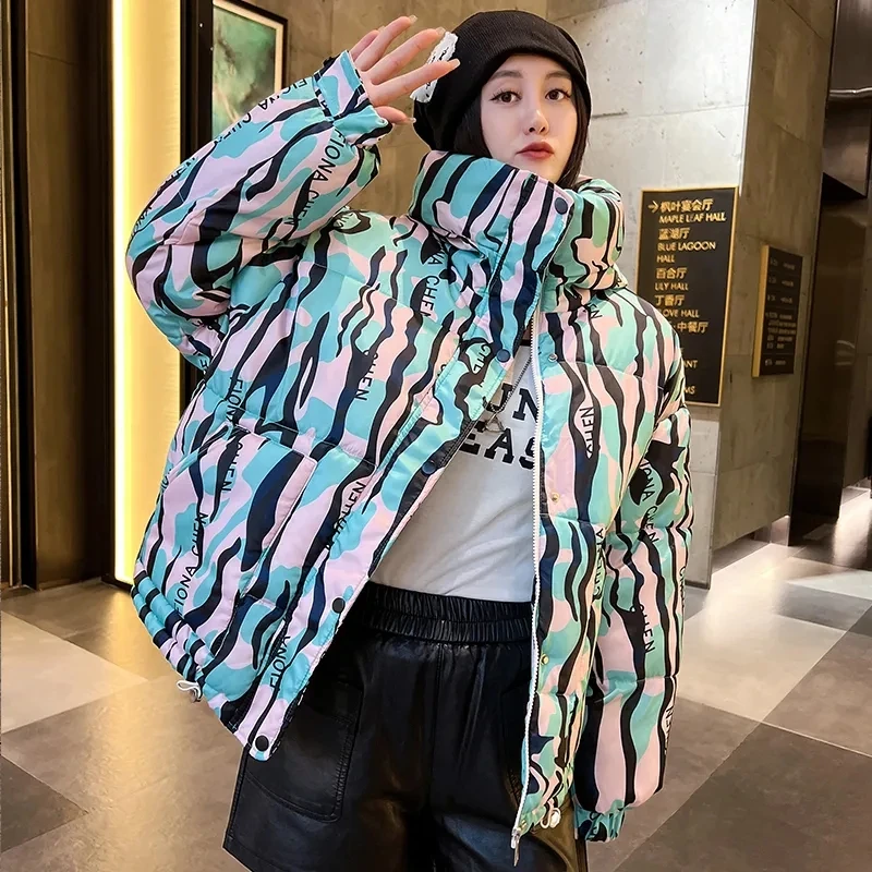 Korean Winter Womens Jacket 2023 New Down Cotton Coat Short Loose Padded Jackets Printing Hooded All-match Fashion Outerwear