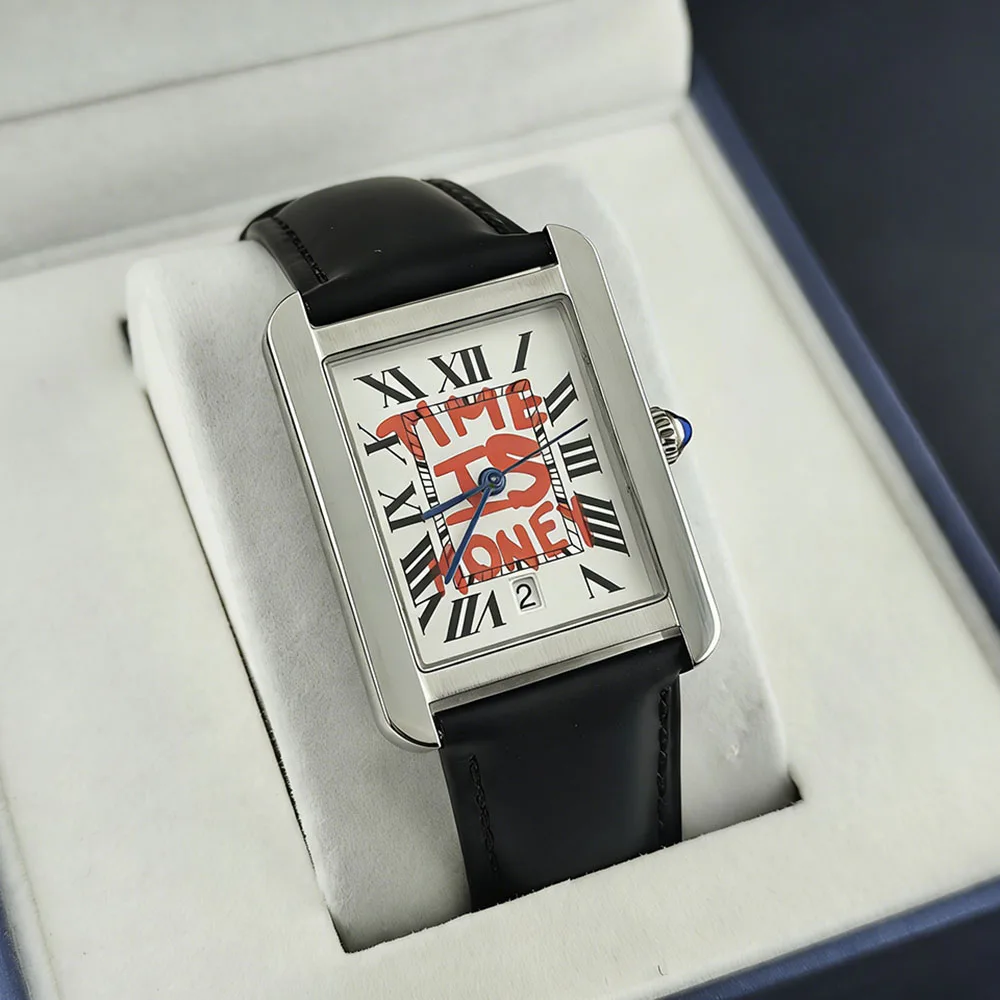 NEW Men's Watch Time is Money Watch Men's Watch 9-5 Customized Logo Watch Black Leather Strap Stainless Steel Case Watch