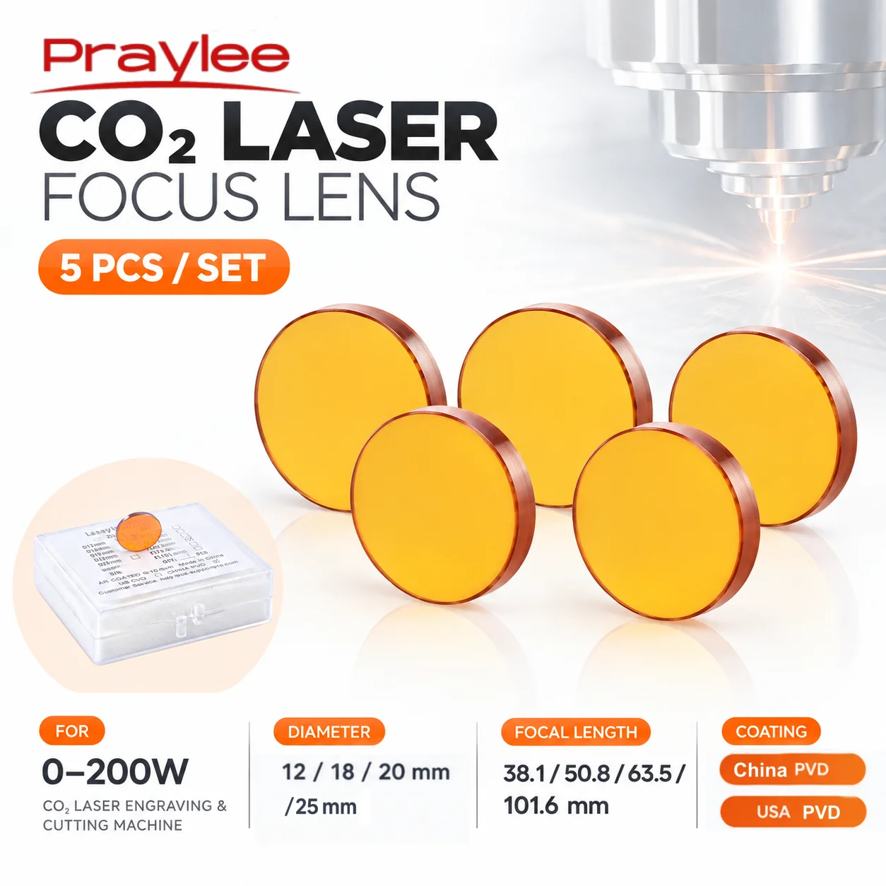 5pcs Praylee PVD CVD ZnSe CO2 Laser Focus Lens DIA 12/18/20/25mm 38.1/50.8/63.5/101.6mm for 0-200W CO2 Laser Engraving Cutting