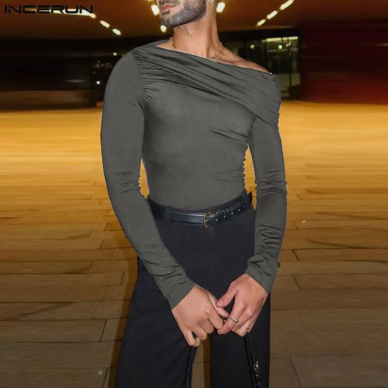 Stijlvolle Sexy Stijl Tops INCERUN Heren Schuine Schouder Kraag T-shirts Casual Mannelijke Solid Goed Passende Lange Mouwen Camiseta S-5XL
