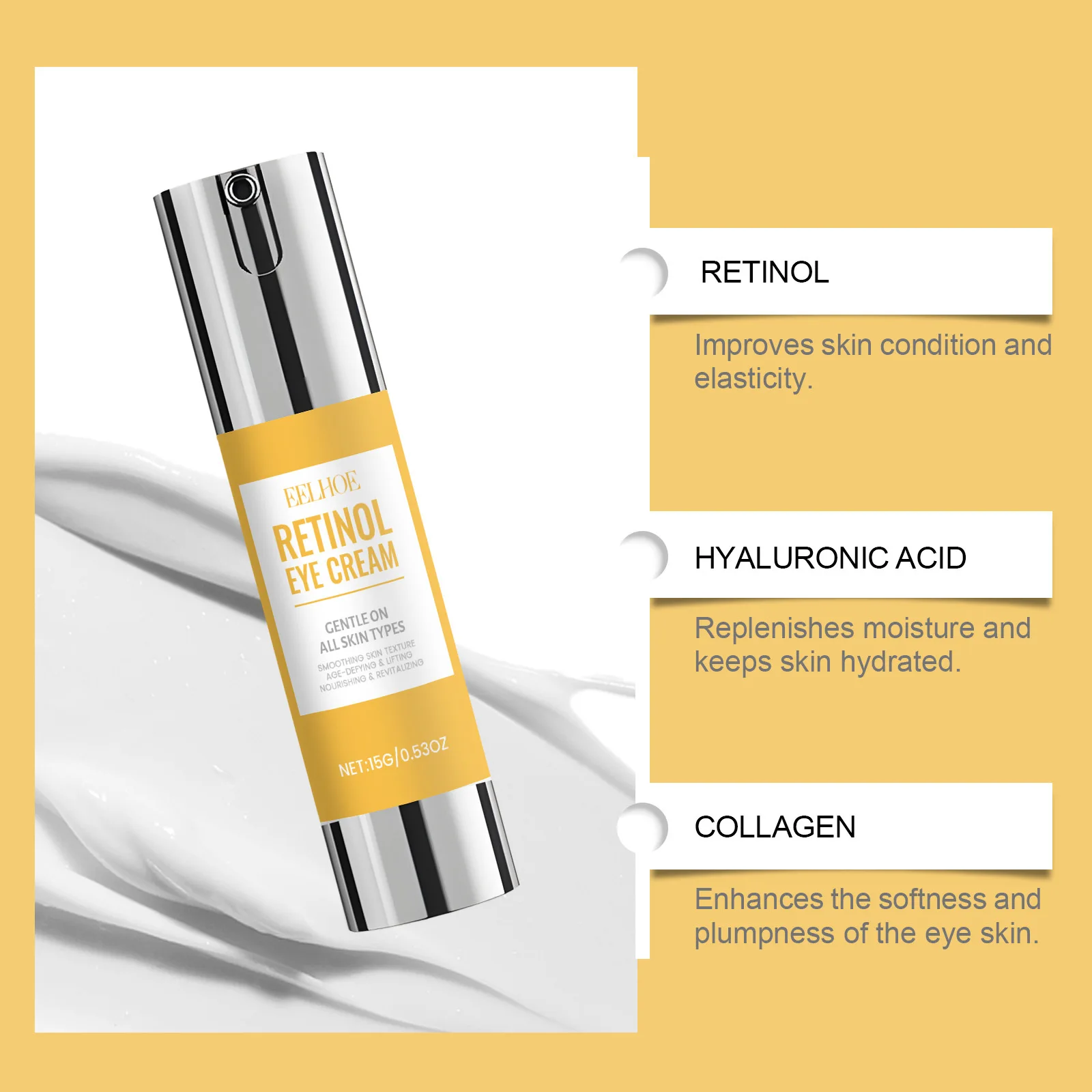 EELHOE Retinol Eye Cream 15g Anti Aging Firming Moisturizer for Dark Circles Wrinkles Smoothing Hydrating Daily Skincare