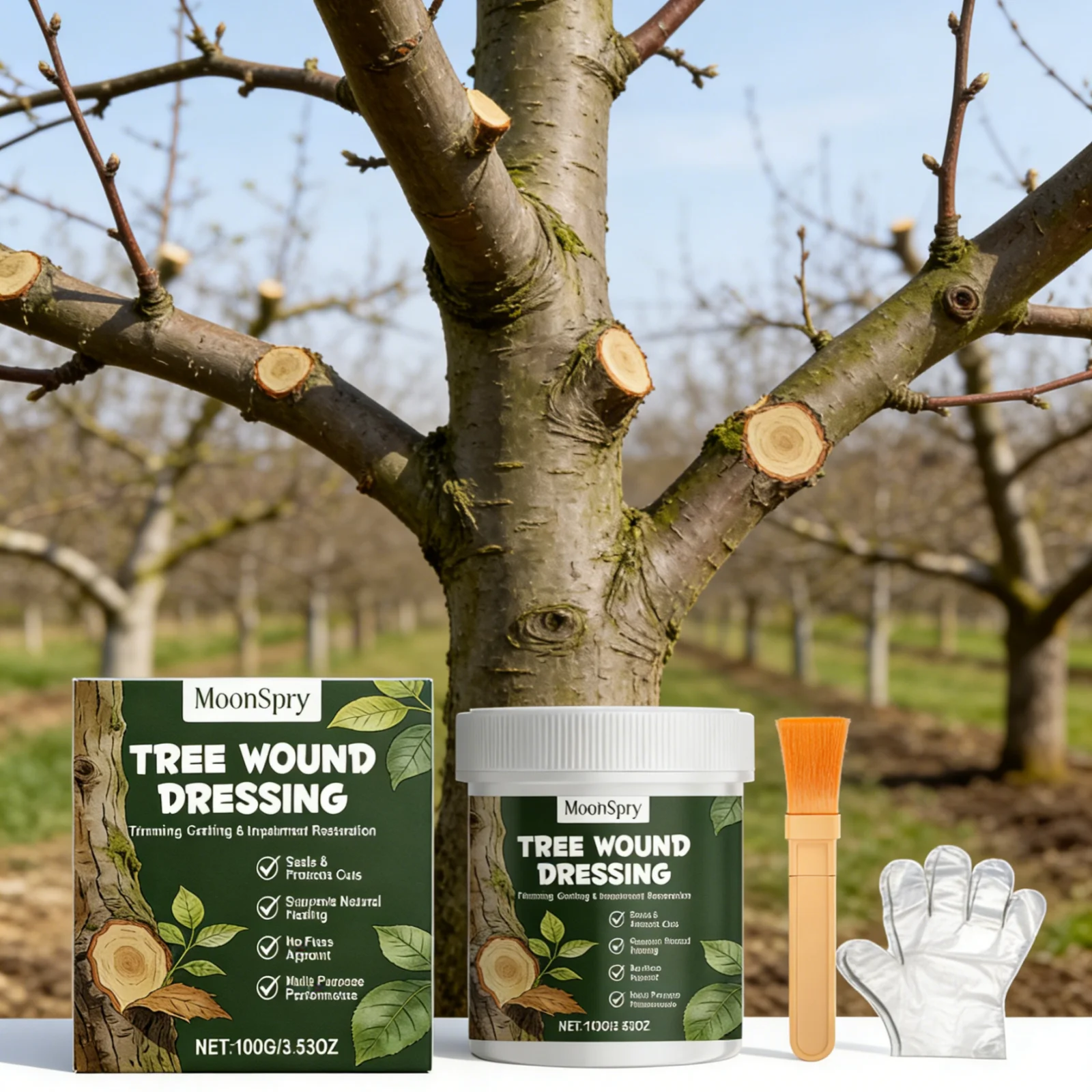 MoonSpry Tree Wound Dressing Grafting Healing Cream Protects Cuts Garden Multi Purpose Tree Pruning Sealer with Brush Glove 100g