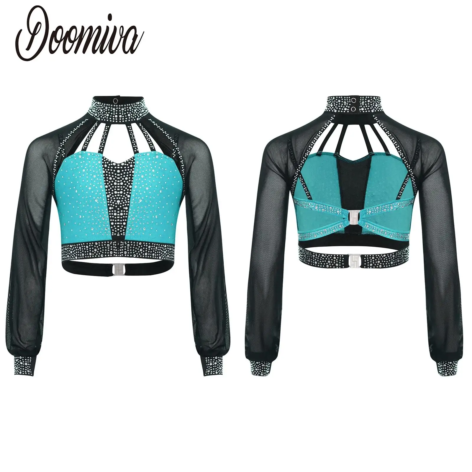 

Girls Rhinestones Crop Tops for Jazz Lain Modern Street Dance Performance Costume Mesh Long Sleeves Backless Strappy Shirts Top